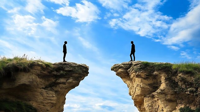 Two silhouetted figures stand on opposite cliffs, a chasm between them, under a bright sky.