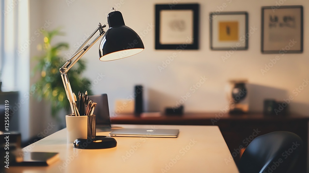 Aufkleber modern office workspace with desk lamp, laptop and artwork. possible use stock photo for office inte