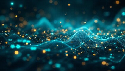 Obraz premium Abstract Futuristic Landscape with Glowing Particles and Data Waves