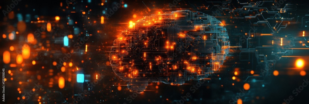 Poster Digital representation of a brain with glowing circuits illustrating advanced technology and neural networks. Generative AI