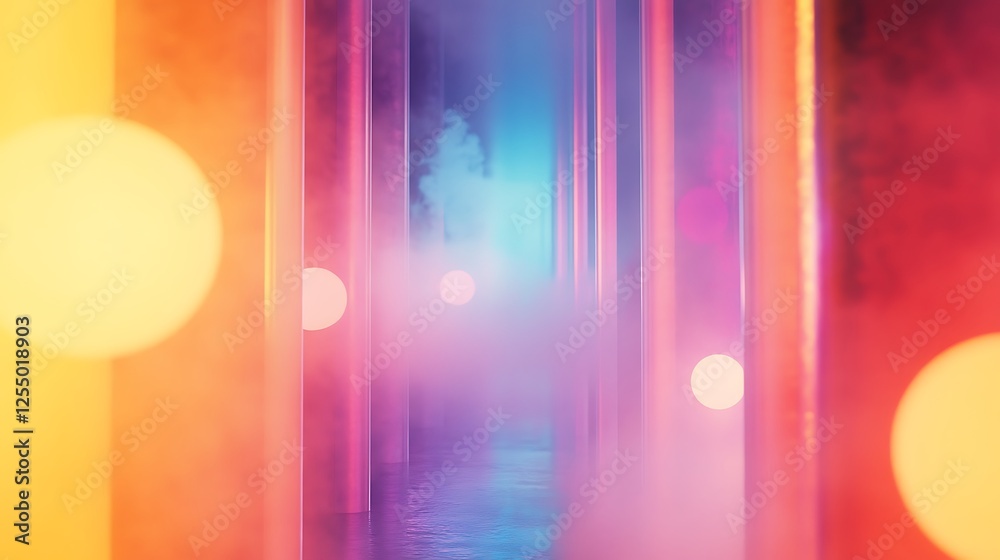 Aufkleber Neon corridor with colorful columns and bokeh lights