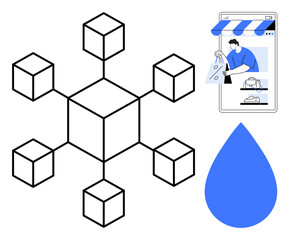 Cubes forming connected network, person shopping online, and blue drop shape represent interconnectivity, e-commerce, technology, efficiency, simplicity, data and innovation. Ideal for network