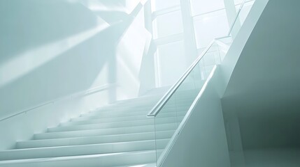 Obraz premium Modern white stairs leading up to a bright window. Interior, sunlit, modern architecture. Suitable for showcasing modern design, architectural concepts, or interior design