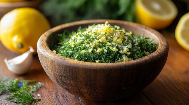 A wooden bowl filled with chopped herbs, lemon zest, and garlic, ideal for seasoning dishes.