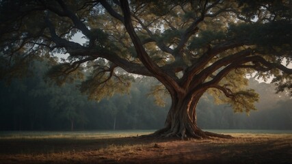 Fototapeta premium Majestic Tree in Sunlit Forest with Vibrant Greenery and Detailed Bark