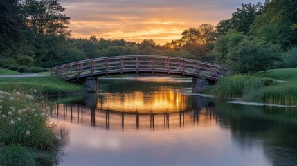 Fototapeta premium A bridge over a river with a sunset in the background
