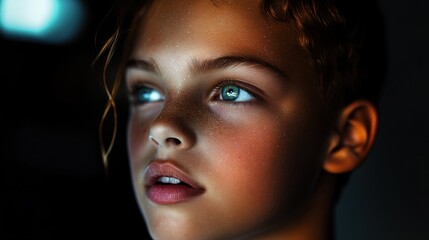 Close-up view of a person with thoughtful expression, illuminated face, and glowing eyes. Demonstrates depth of emotion, inner focus, and intensity in a contemplative moment.