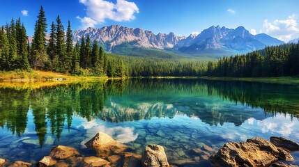 Pristine mountain lake reflecting peaks and forest under a vibrant sky.