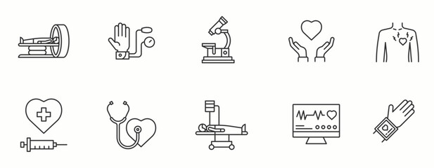 Cardiology line Icon Set. Anatomy, blood pressure, Ecg, pulse  . Vector Illustration