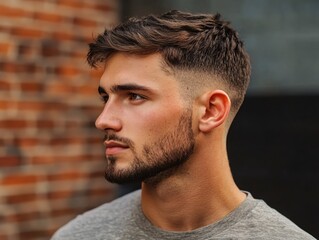 Fototapeta premium Handsome Man with Modern Haircut Posing in Profile Against a Textured Brick Wall Backdrop