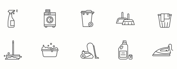 Cleaning line Icon Set.  Broom, dusting, household, mop  . Vector Illustration