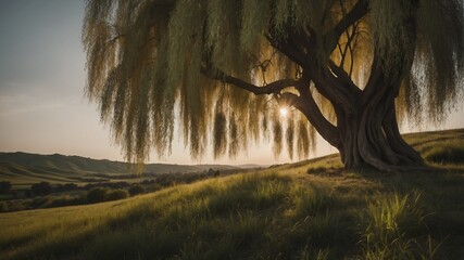 Serene Landscape of a Majestic Weeping Willow Under Dramatic Sky in Lush Green Park