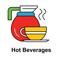 Vector icon for hot beverages. Depicts a steaming coffee pot and cup, symbolizing freshly brewed coffee or tea in restaurants or cafes.