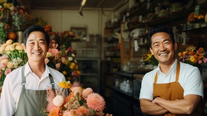 photo of local flower shop and asian man happy owner in front.