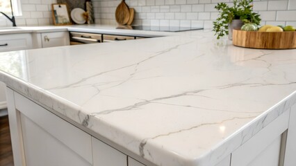 A close-up shot showcasing a pristine white marble countertop in a modern kitchen