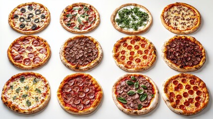 A tempting display of various artisan pizzas, each uniquely topped with fresh ingredients. These culinary creations invite onlookers to savor the artistry and flavors of Italian cuisine