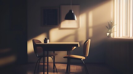Sunlight illuminates small table, chairs, in quiet room.  Perfect for home office, cafe, or calm setting