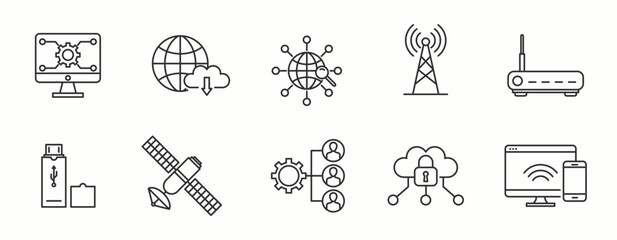 Fototapeta premium Internet Service Item line Icon Set . Wifi, communication, data, speed, broadband, connection . Vector Illustration