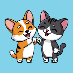 Cute Cat And Cute Corgi Dog Happy Five Vector  Illustration.