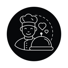 Vector icon for chef’s specialty. Shows a smiling chef with a dish, symbolizing signature recipes or special meals in restaurants.