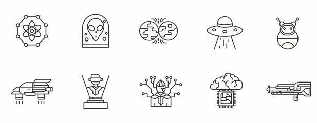 Science Fiction line Icon Set . Robot, future, spaceship, galaxy, alien . Vector Illustration