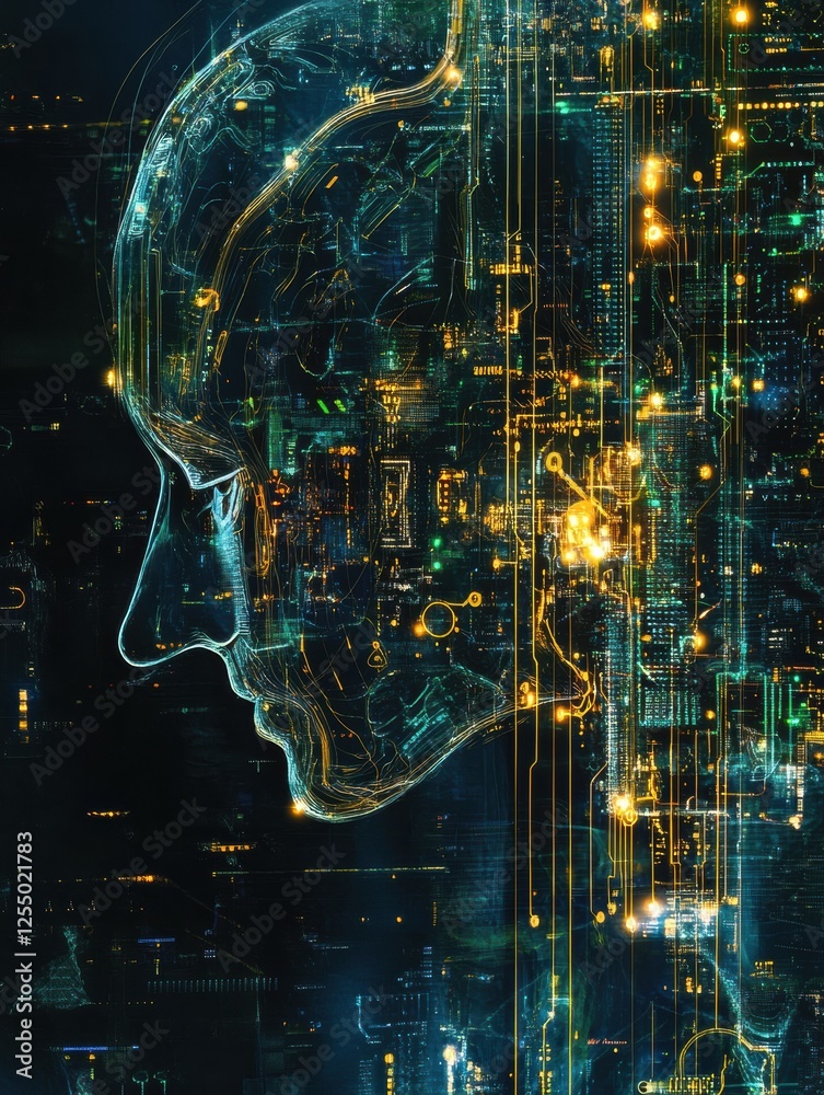 Aufkleber Intricate representation of an abstract digital brain with luminous circuits and interconnected wires. Generative AI