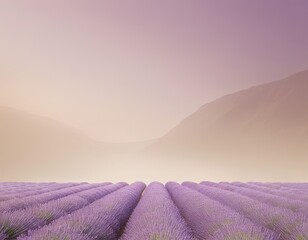 Naklejka premium Beautiful lavender fields stretch under a soft pink sky at dusk, creating a serene and tranquil landscape.
