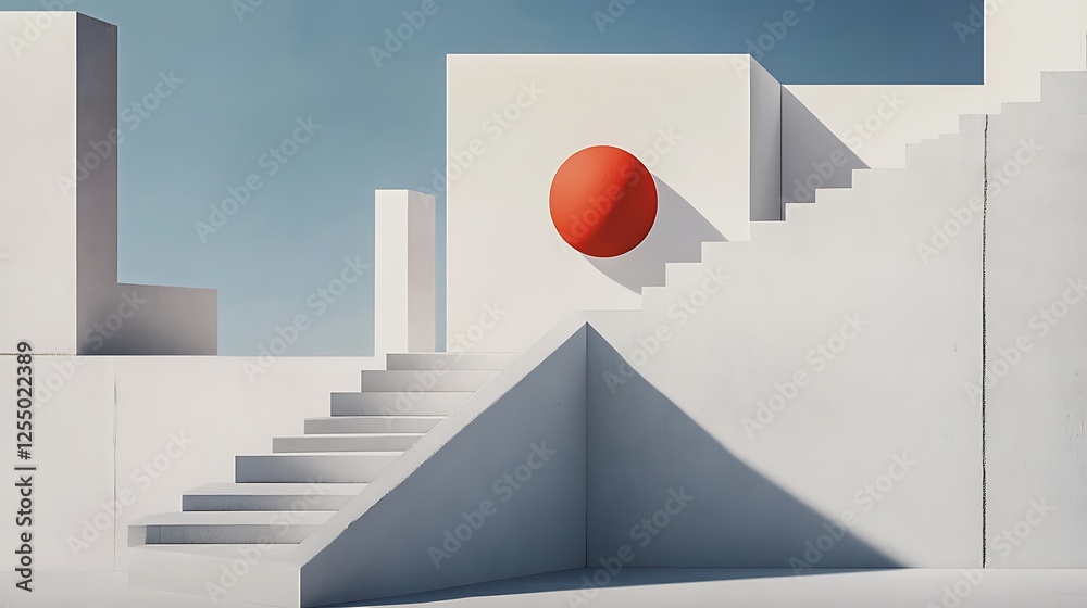 Poster Abstract architectural scene with steps and sphere. Outdoor setting. Possible use product showcase, background for advertisement