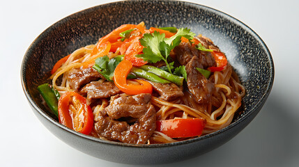 Fototapeta premium Delicious Stir-Fried Noodles with Beef and Colorful Vegetables