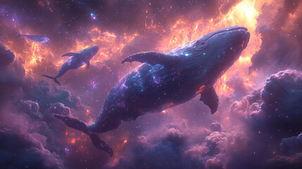 Fototapeta premium Surreal cosmic scene with floating whales in space, glowing stars, and purple nebula clouds