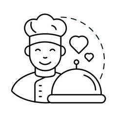 Vector icon for chef’s specialty. Shows a smiling chef with a dish, symbolizing signature recipes or special meals in restaurants.