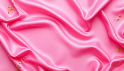 Fototapeta premium A vibrant pink silk fabric with soft folds and golden sparkles, creating a luxurious and glamorous background that is perfect for beauty, fashion, and decorative designs.