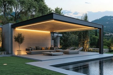 Obraz premium Modern pergola providing shade near infinity pool in luxury backyard