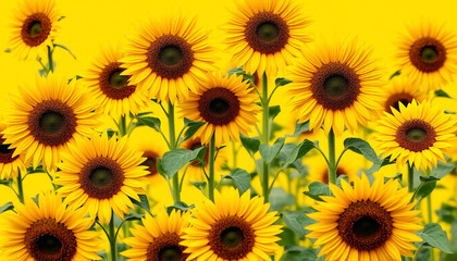 Obraz premium A vibrant field of blooming sunflowers against a bright yellow background, creating a cheerful and sunny nature-inspired scene full of warmth and positivity.