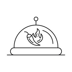 Vector icon for spicy food. Displays a cloche with a chili flame, representing bold and hot flavors in restaurant dishes.