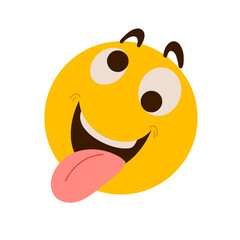 Laughing emoji with tongue. Vector hand drawn illustration of funny yellow emoticon for print, web, sticker
