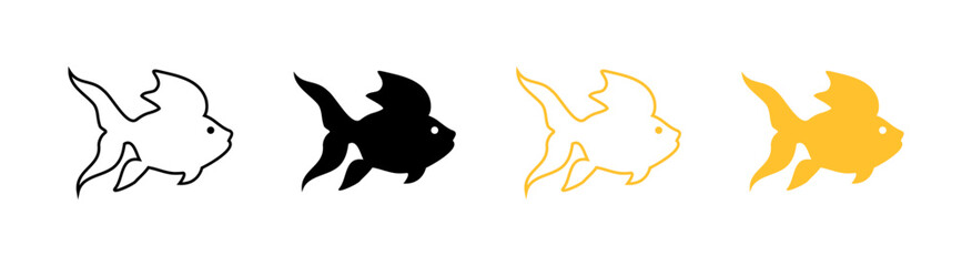 Silhouette and outline goldfish in black, white, and gold on white background. Vector icon