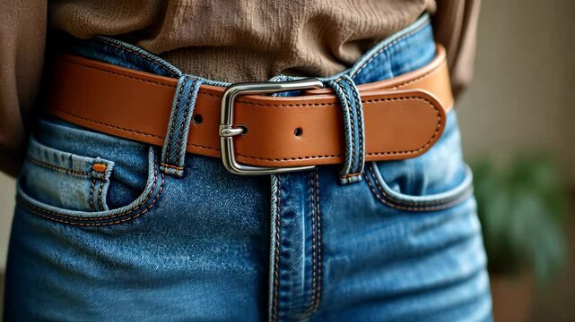 Close-up of a leather belt fastened on women jeans highlights craftsmanship and style, capturing attention with its detailed features.