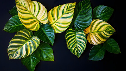 A vibrant arrangement of green and yellow tropical leaves on a dark background, creating a lush, natural aesthetic.