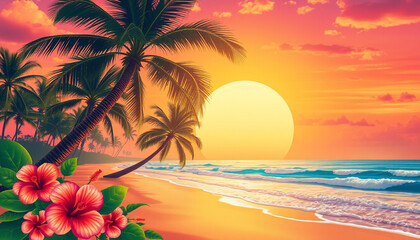 A tropical beach at sunset with golden sunlight reflecting on the ocean, tall palm trees, and vibrant hibiscus flowers, creating a peaceful and scenic paradise view.