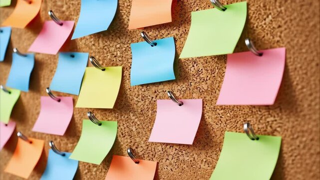 A corkboard covered with colorful sticky notes in various pastel shades arranged haphazardly with clips.
