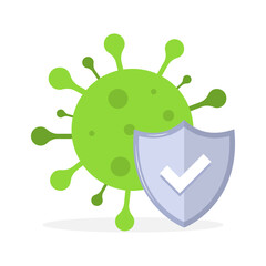 Green virus icon with shield symbolizing health protection. Vector icon