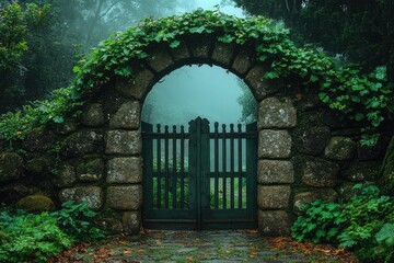 Enchanting stone archway leading to mystical garden