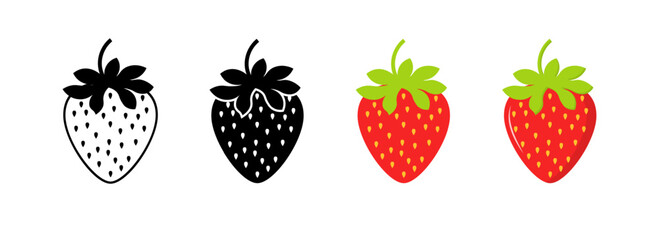 Four stylized strawberry designs in black and red on white background. Vector icon