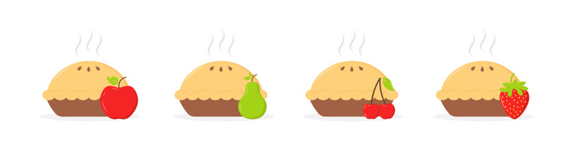Four cartoon pies with fruits: apple, pear, cherry, and strawberry. Vector icon © Svitlana