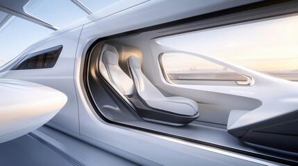 Obraz premium Interior of futuristic high-speed train with panoramic windows and modern seating. advanced transportation and design