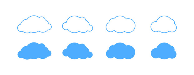 Collection of eight simple cloud icons in blue and white variations. Vector icon