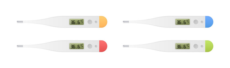 Digital thermometers with color variations displaying 36.6 degrees celsius. Vector icon