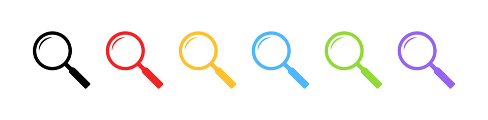 Colorful magnifying glasses in a row: black, red, yellow, blue, green, purple. Vector icon