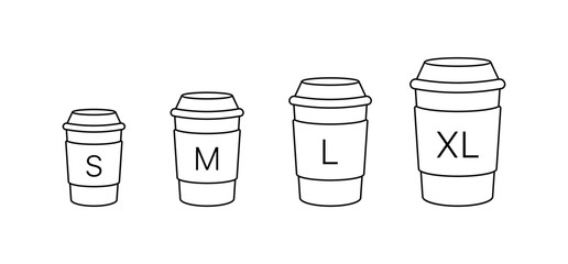 Line art of coffee cup sizes: small medium large extra large. Vector icon